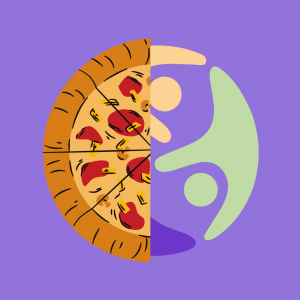 Illustrasjonsbilde: En sirkel er delt i to. Halve siden viser pizza, den andre halve viser friskuslogoen.